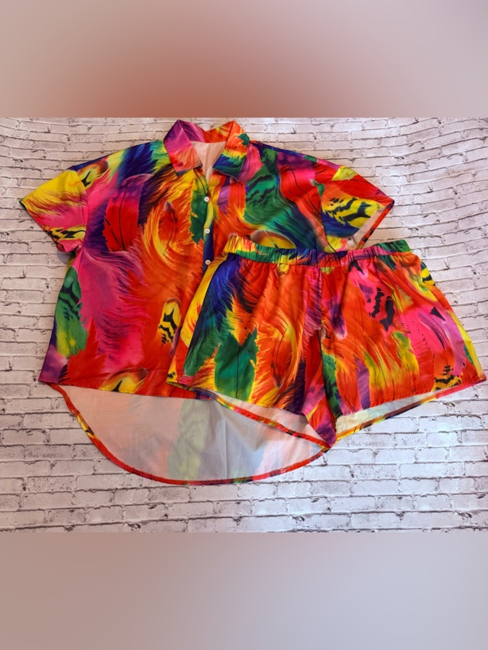 SHEIN Curve Multicolor Satin Short Set Size 2XL 2 Piece Set